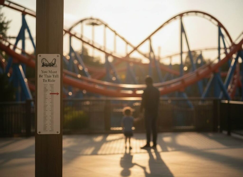 A child being measured at a theme park ride entrance with a roller coaster in the background