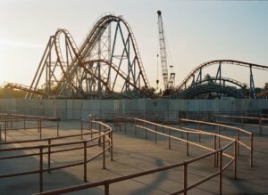 Empty queue rails and a closed roller coaster area behind construction fencing at a theme park
